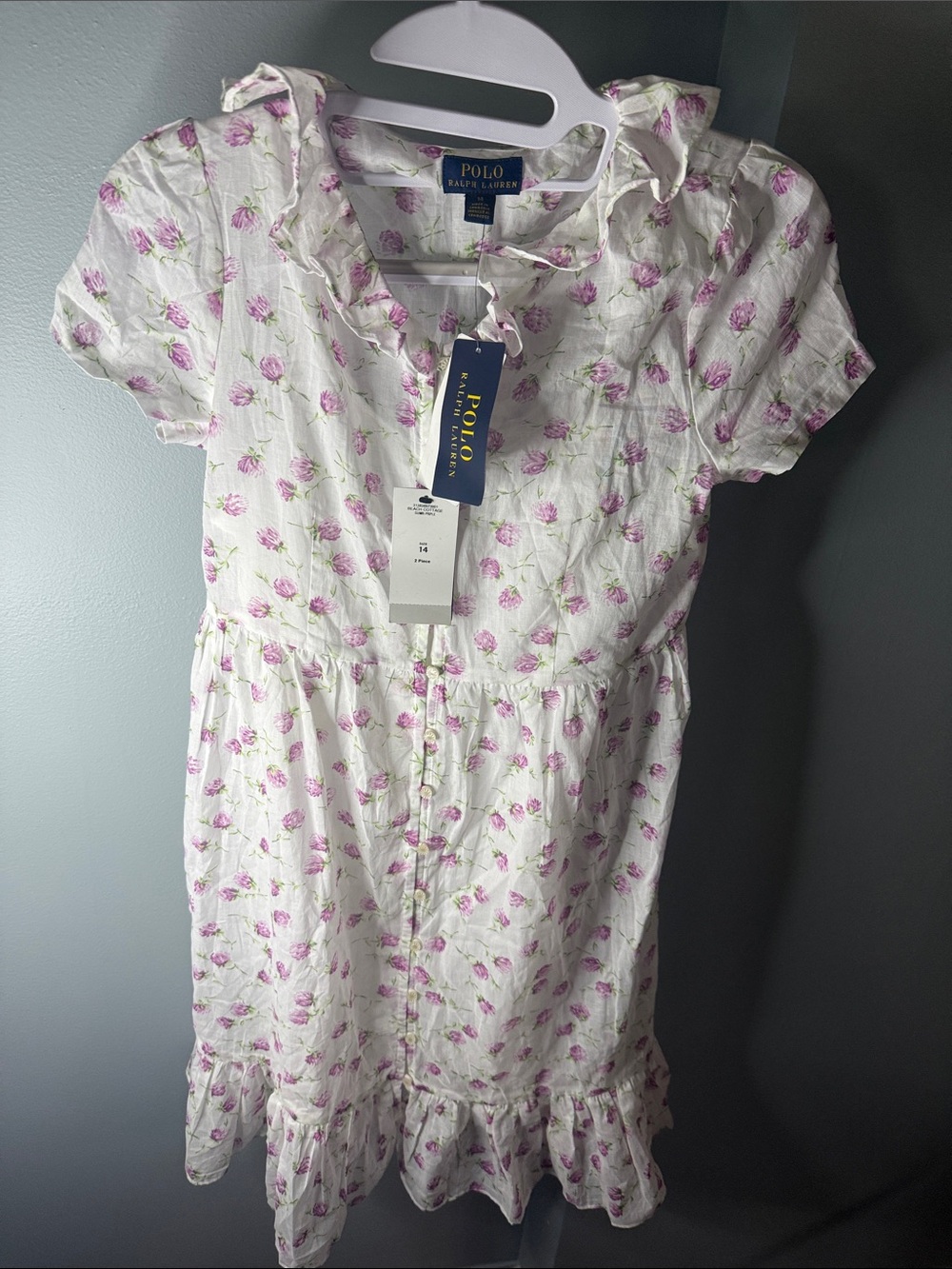 Polo by Ralph Lauren White Dress with Pink Floral Print and Ruffle Hem